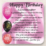 Granddaughter Poem - Happy Birthday Design Coaster<br><div class="desc">A great gift for a special granddaughter on her birthday</div>