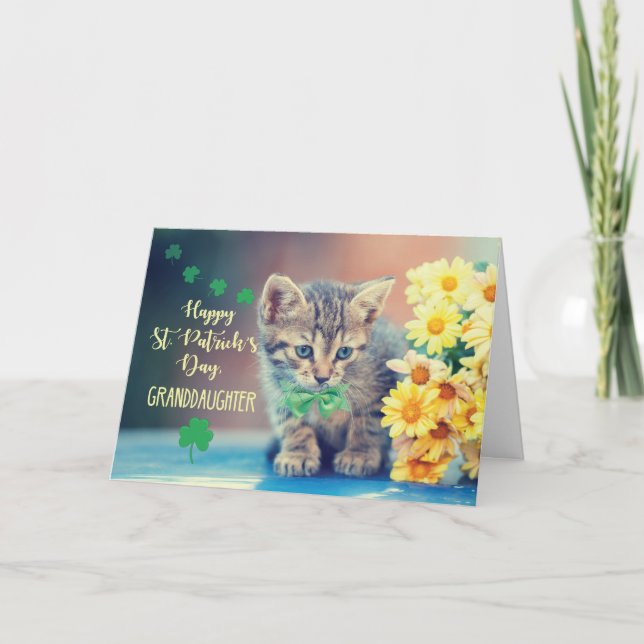 Granddaughter St. Patricks Day Kitten with Daisies Card (Front)