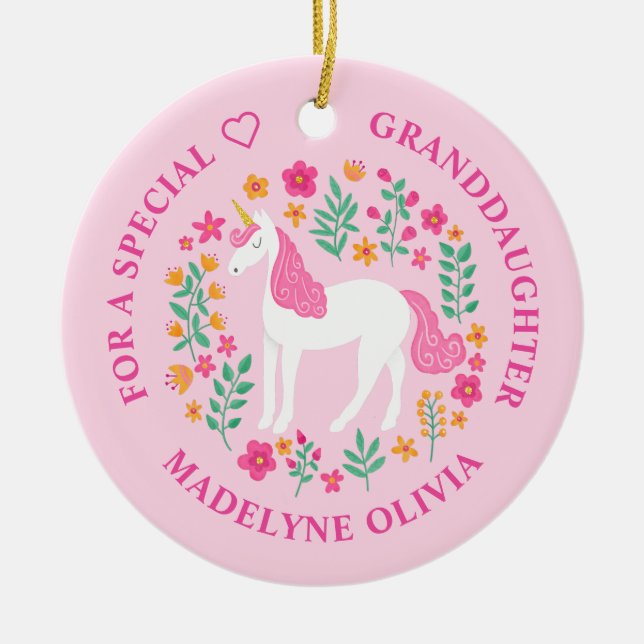 Granddaughter Unicorn Flowers Cute Pink Ornament (Front)