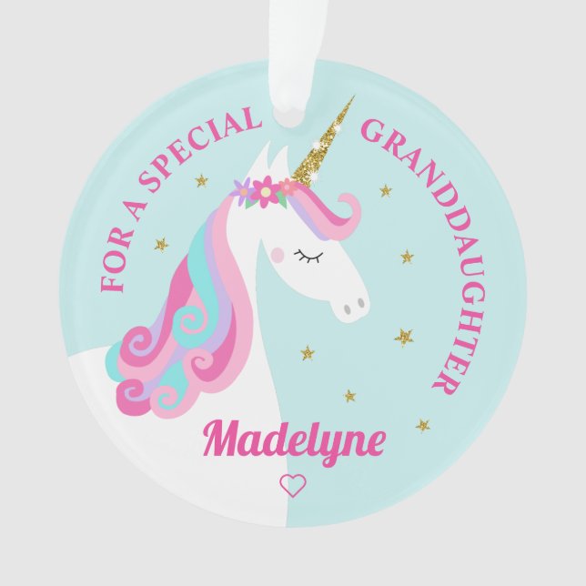 Granddaughter Unicorn Gold Glitter Stars Aqua Ornament (Front)