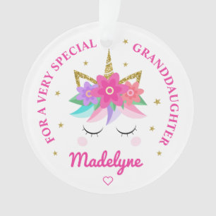 Granddaughter Unicorn Pink Flowers Personalised Ornament
