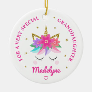 Granddaughter Unicorn Pink Flowers Personalized Ceramic Tree Decoration