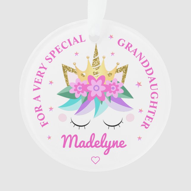 Granddaughter Unicorn Princess Girly Personalised Ornament (Front)