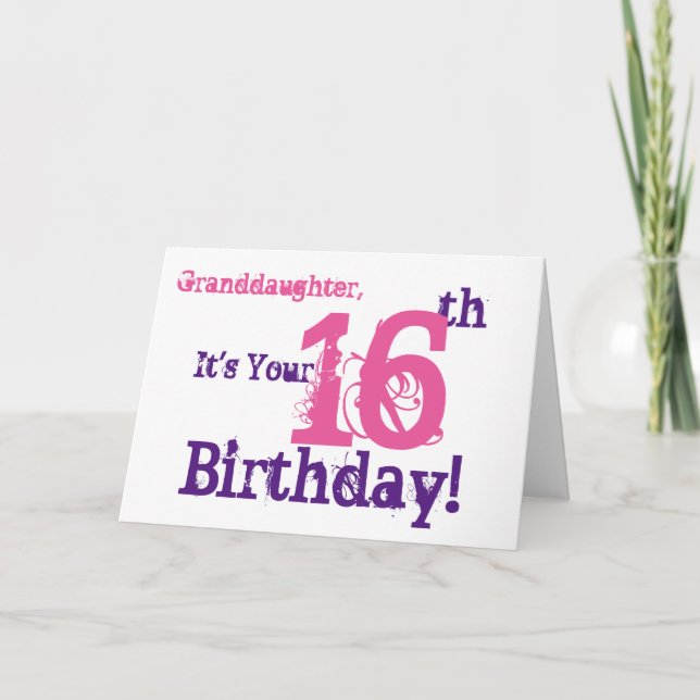 Granddaughter's 16th birthday in purple, pink. card (Front)