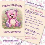 Granddaughter's First Birthday Pink Teddy Bear Card<br><div class="desc">Celebrate your granddaughter’s first birthday with this heartfelt greeting card. Featuring a charming pink and purple teddy bear on the front and a loving sentiment inside, it’s the perfect keepsake to capture this special milestone. All of the text is customisable. It's written for a grandparent's message to their granddaughter on...</div>