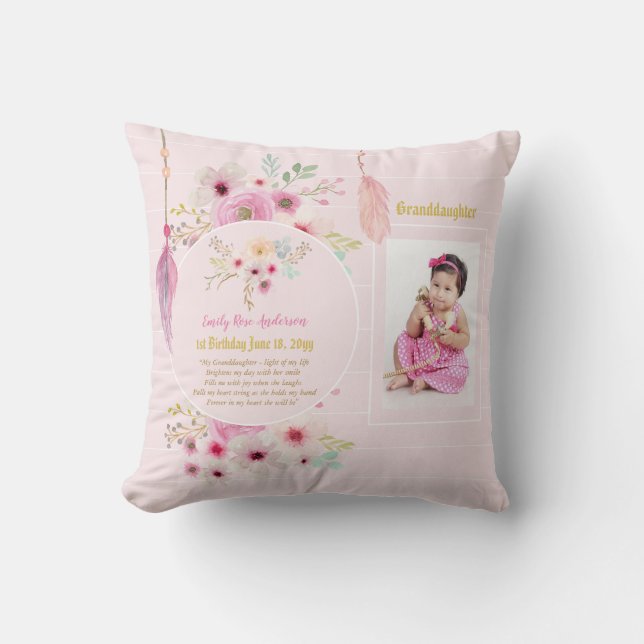 Granddaughters Poem PHOTO Birthday Pink Flowers Cushion (Front)