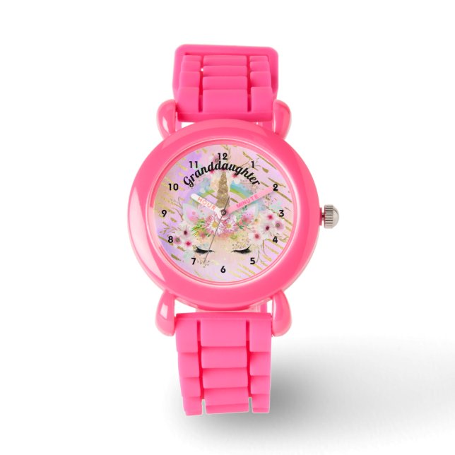 GRANDDAUGHTER's UNICORN Gifts Pink Gold Girly Watch (Front)