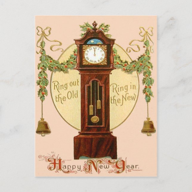 Grandfather Clock Holly Mistletoe Bell Postcard (Front)