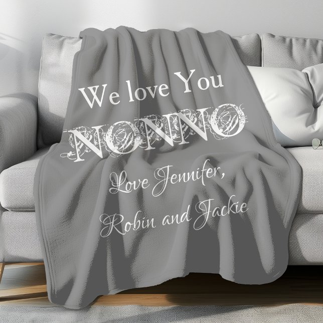 Grandfather NONNO Custom Names Modern Cute Fleece Blanket ("We Love You NONNO" personalized gray fleece blanket.)