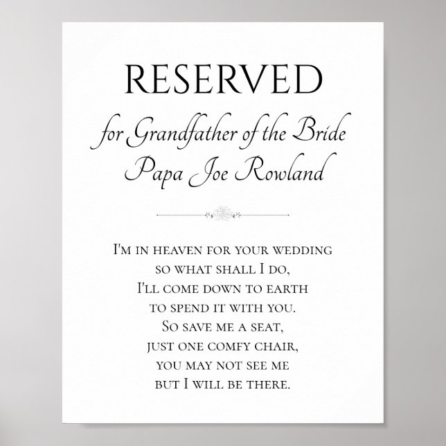 Grandfather of Bride Memorial Save A Seat Wedding Poster (Front)