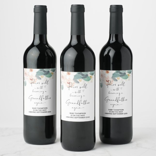 Grandfather to Be Again Pregnancy Announcement Dad Wine Label (Bottles)