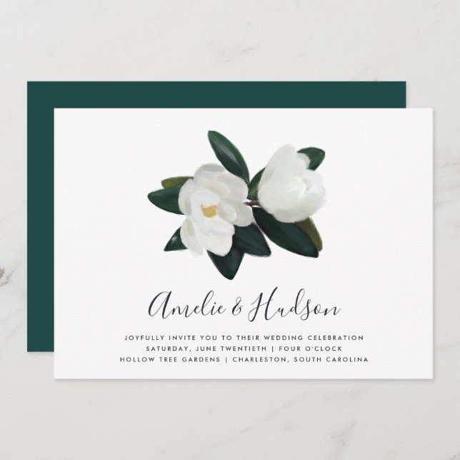 Grandiflora | White Magnolia Wedding Invitation (Front/Back)