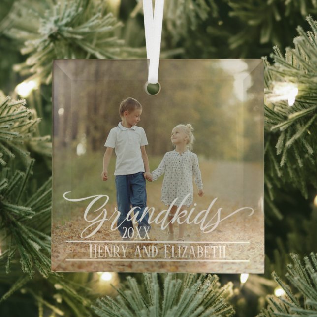 Grandkids Elegant Christmas Photo Personalised Glass Tree Decoration (Insitu)