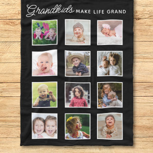 Grandkids Make Life Grand 12 Photo Collage Black Fleece Blanket