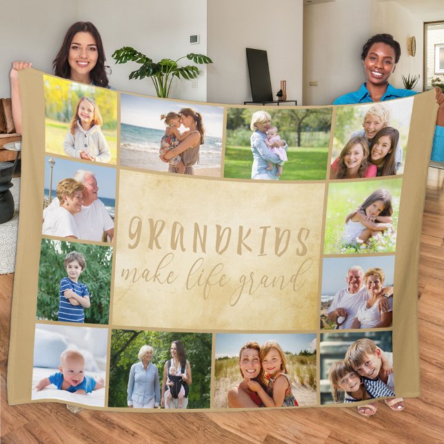 Grandkids Make Life Grand 12 Photo Collage Neutral Fleece Blanket (Creator Uploaded)
