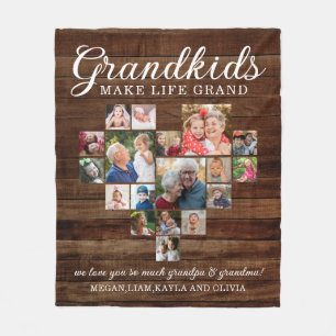 Grandkids Make Life Grand 18 Photo Collage Wood Fleece Blanket