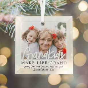 Grandkids Make Life Grand 1 Photo Grandparents Glass Tree Decoration