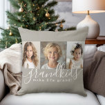 Grandkids Make Life Grand 3 Photo Collage Cushion<br><div class="desc">A thoughtful gift for grandparents, this personalised pillow design features a 3-photo template to personalise with photos of the grandchildren. A combination of modern handwritten script combined with a modern sans serif font spell out "grandkids make life grand!" The background is a neutral taupe beige that has a cosy vibe....</div>