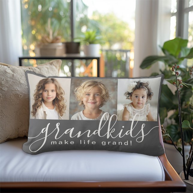 Grandkids Make Life Grand 3 Photo Collage Grey Lumbar Cushion (A great gift idea for Grandparents!)