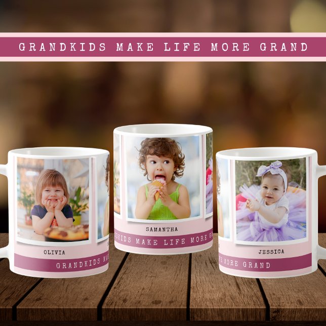 Grandkids Make Life Grand 3 Photo Collage Pink Coffee Mug (Creator Uploaded)
