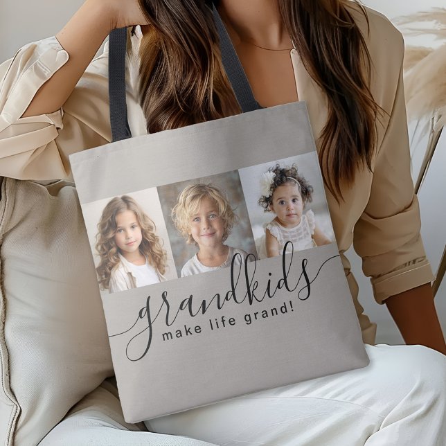 Grandkids Make Life Grand 3 Photo Collage Tote Bag (Personalize with 3 photos of the grandkids for a great gift idea!)