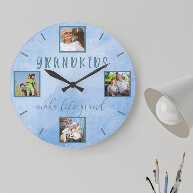 Grandkids make life Grand 4 Photo Blue Round Large Clock (Cheerful photo gift between grandparents and their grandkids)