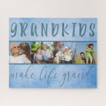 Grandkids Make Life Grand 4 Photo Collage Blue Jigsaw Puzzle<br><div class="desc">This jigsaw puzzle is a fun photo gift for Grandparents. You can add 4 of your favorite photos of the grandchildren, which are displayed in square format, photo strip style. The simple collage is framed with the saying "grandkids make life grand" and is set against a blue background. Please browse...</div>
