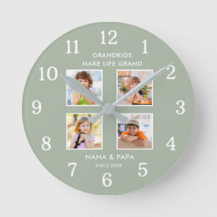 Grandkids Make Life Grand 4 Photo Collage Sage   Round Clock