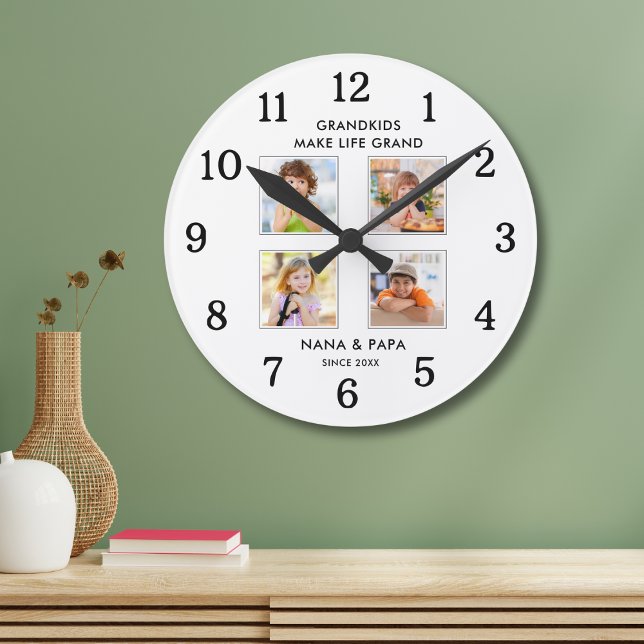 Grandkids Make Life Grand 4 Photo Collage White Round Clock (Creator Uploaded)