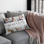 Grandkids Make Life Grand | 6 Photo Collage Decorative Cushion<br><div class="desc">Create a sweet gift for a beloved grandma or grandpa with this beautiful photo collage accent pillow. "Grandkids make life grand" appears in the center in black and gray calligraphy script lettering. Customize with six photos of their grandchildren. Back features wide light neutral gray and white stripes.</div>