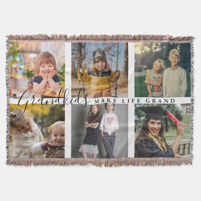 Grandkids Make Life Grand 6 Photo Gift For Grandma Throw Blanket (Front)