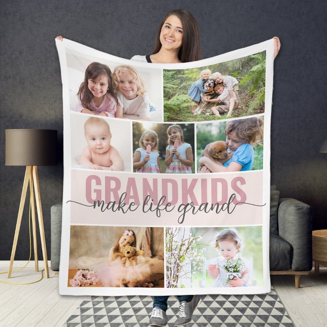 Grandkids Make Life Grand 7 Photo Collage Fleece Blanket (Creator Uploaded)