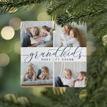 Grandkids Make Life Grand | 8 Mini Photo Ceramic Ornament<br><div class="desc">Create a sweet gift for a beloved grandma or grandpa with this beautiful collage photo ornament. "Grandkids make life grand" appears in the centre in navy blue calligraphy lettering. Customise with 8 mini rectangular photos of their grandchildren,  and add their names and the year to the back.</div>