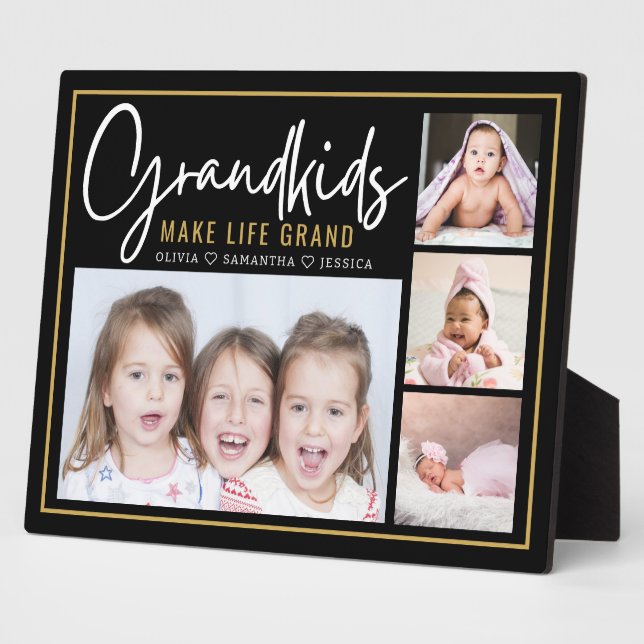 Grandkids Make Life Grand Black And Gold 4 Photo  Plaque (Side)