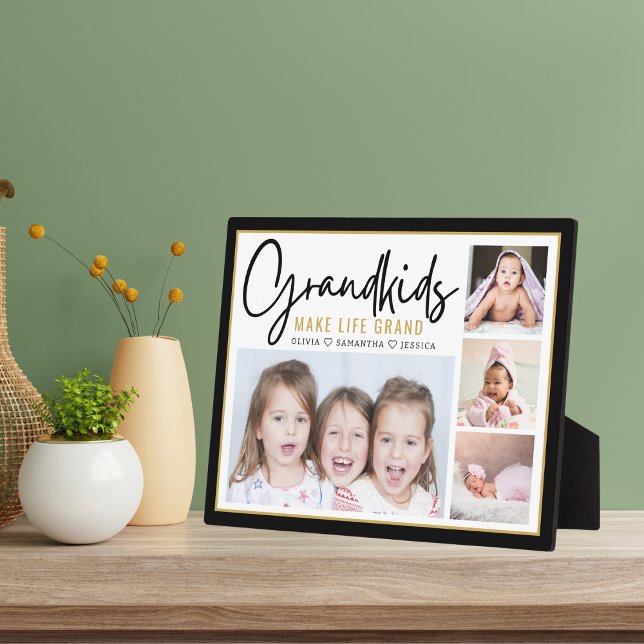 Grandkids Make Life Grand Personalized 4 Photo  Plaque (Grandkids Make Life Grand Personalized 4 Photo Collage picture frame Plaque)