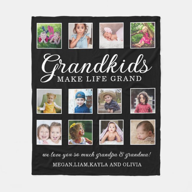 Grandkids Make Life Grand Quote 12 Photo Black Fleece Blanket (Front)