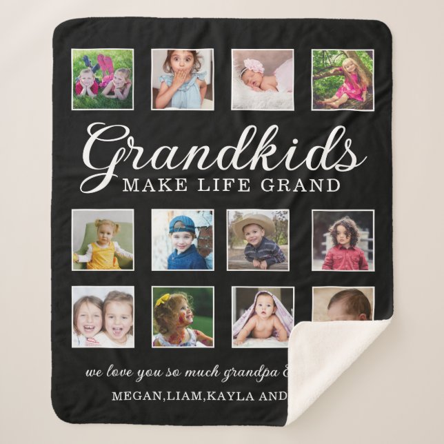 Grandkids Make Life Grand Quote 12 Photo Black  Sherpa Blanket (Front)
