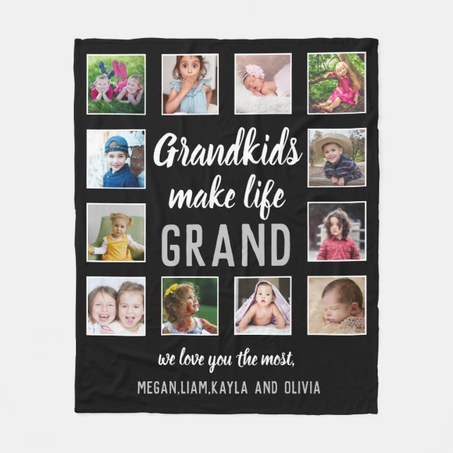 Grandkids Make Life Grand Quote 12 Photo Collage Fleece Blanket (Front)