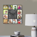 Grandkids Make Life Grand Quote 12 Photo Grey Wood Square Wall Clock<br><div class="desc">Photo clock for grandparents with 12 of your favourite pictures. Create your own grid style photo collage and add the grandchildren's names (2 to 8 names looks best). The quote reads "grandkids make life grand" and is finished with a love heart. The design is lettered in handwritten and whimsical typography...</div>