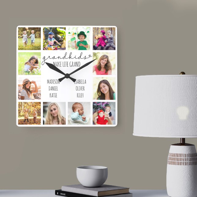 Grandkids Make Life Grand Quote 12 Photo White Square Wall Clock (Grandparent photo gift from grandchildren)