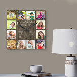 Grandkids Make Life Grand Quote 12 Photo Wood Look Square Wall Clock<br><div class="desc">Photo clock for grandparents with 12 of your favourite pictures. Create your own grid style photo collage and add the grandchildren's names (2 to 8 names looks best). The quote reads "grandkids make life grand" and is finished with a love heart. The design is lettered in handwritten and whimsical typography...</div>