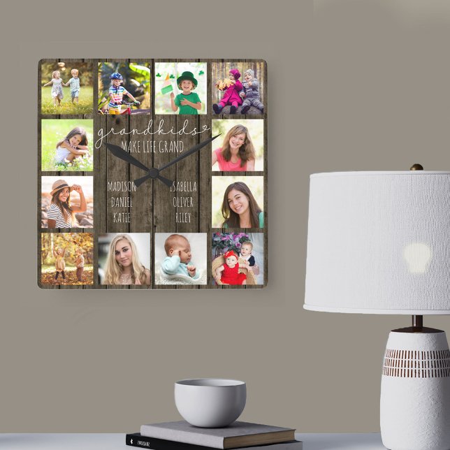 Grandkids Make Life Grand Quote 12 Photo Wood Look Square Wall Clock (Creator Uploaded)