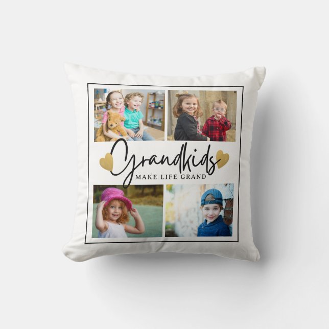Grandkids Make Life Grand Quote 4 Photo Collage Cushion (Front)