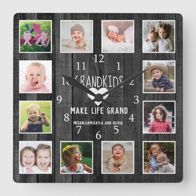 Grandkids Make Life Grand Quote Black Wood Photo Square Wall Clock (Front)