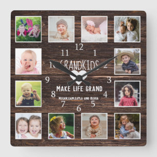 Grandkids Make Life Grand Quote Rustic Barn Wood Square Wall Clock