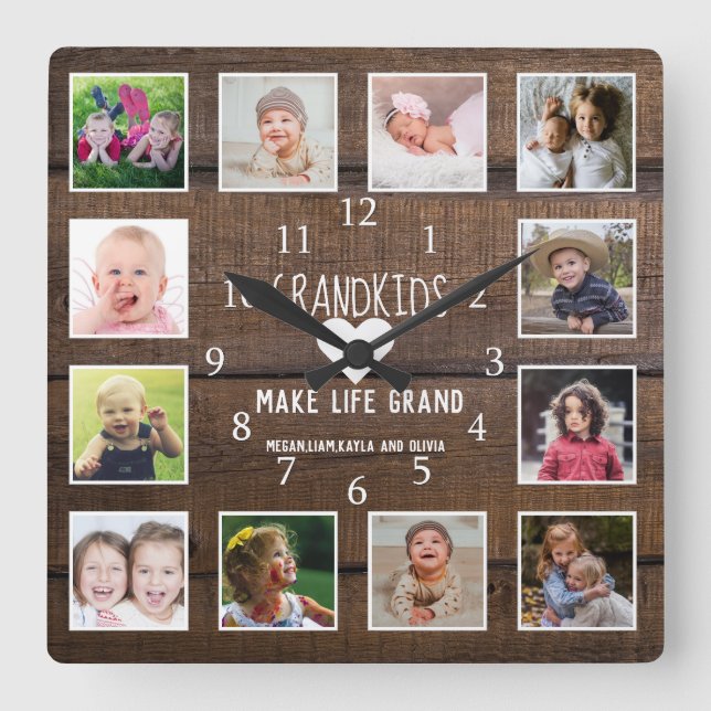 Grandkids Make Life Grand Quote Rustic Wood Photo Square Wall Clock (Front)