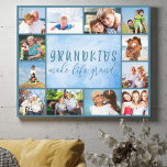 Grandkids Make Life Grand Stylish Blue 12 Photo Canvas Print<br><div class="desc">Blue wrapped photo canvas with lovely grandkids quote. The photo template is set up ready for you to upload 12 of your favourite photos which are displayed as a border around the grandparents saying. The wording reads "Grandkids make life grand" in hand lettered, quirky uppercase print and elegant script typography....</div>