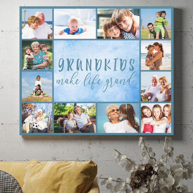 Grandkids Make Life Grand Stylish Blue 12 Photo Canvas Print (Creator Uploaded)