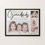 Grandkids Make Life Great Grandparents 4 Photo    Jigsaw Puzzle<br><div class="desc">A modern photo collage gift for grandparents with a sentimental quote "Grandkids make life grand".Personalise with 4 pictures and grandchildren names to make it a memorable gift for Christmas mother's day, grandparents's day,  and birthday..</div>