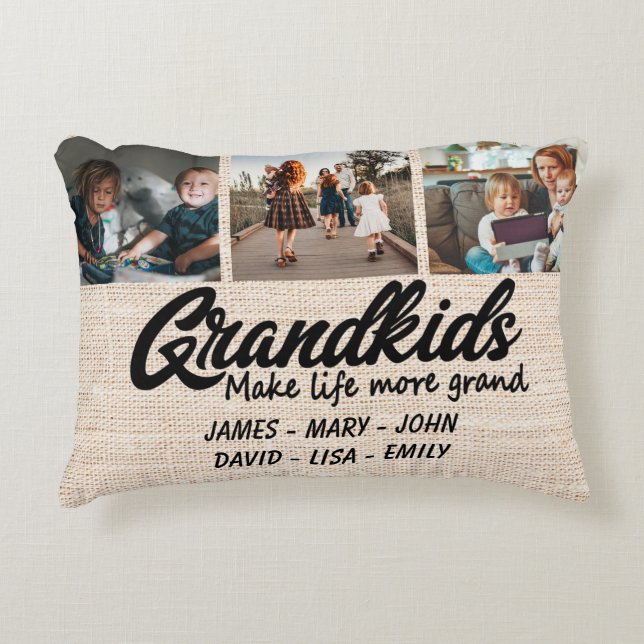 Grandkids make life more grand 3 Photo & Names Decorative Cushion (Front)